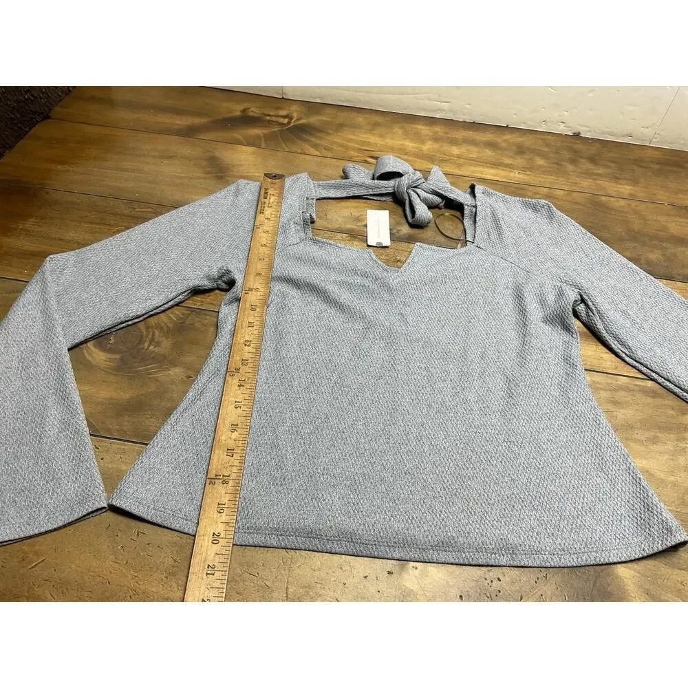 Pilcro Gray Waffle Knit Long Sleeve Notch Neck Top M Casual Minimal NWT - Picture 6 of 10